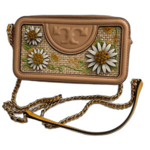 Tory Burch Fleming Embroidered Straw Double-Zip Mini Crossbody Bag